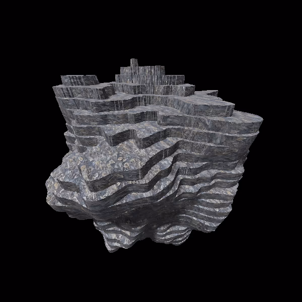 A screenshot of a 3D mesh created using Geotoy.  It looks like a terraced floating island, composed out of ridges where the height of the surface of each ridge is flat.  It's rendered using a gray stone material and appears on a pure black background.