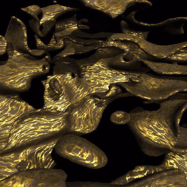 Many thin membrane-like layers enclosed in a spherical area, textured with a base stone-like matte color with shiny streaks of gold.

Created by sampling points in a sphere and only accepting those in very small ranges of a 3D FBM noise function.

The color and roughness shaders are completely procedural, also built using FBM noise functions.  The normal map is not procedural and uses a texture with triplanar mapping.