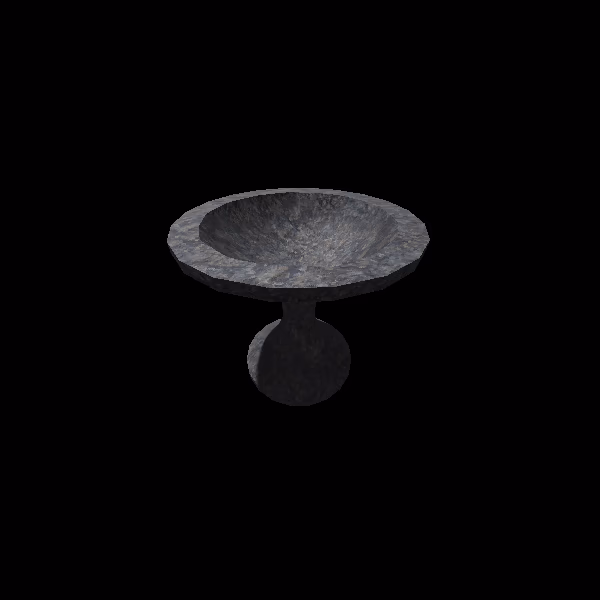 A 3D rendering of a mesh that looks somewhat like a bird bath.  It has a pure black background and is textured with a gray stone/cement-like material.