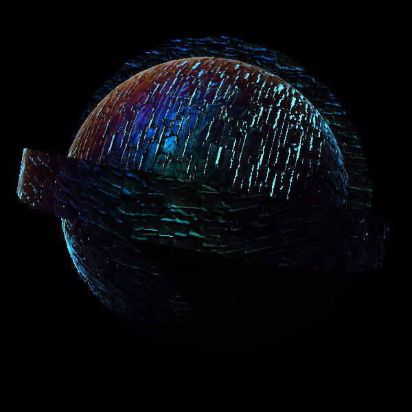A screenshot of a 3D mesh created using Geotoy.  It looks like a sphere with a couple of rings.  The mesh is rendered using a material showing off some of Three.JS's built-in functionality including normal maps, custom textures, iridescence, sheen, and PBR.